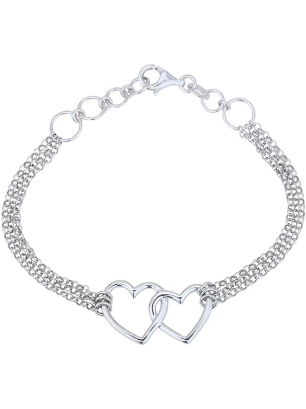 Elegant Sterling Silver Interlocked Double Heart Bracelet - Rhodium Plated, 6.5